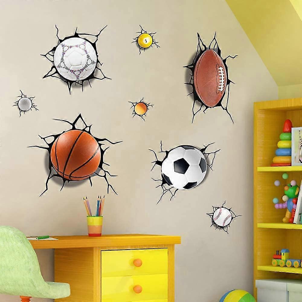 Sports Ball Wall Decals 3d Wall Stickers Break Through Walls Removable Vinyl Diy Basketball Football Football Walls Decorate Boys Playroom Bedroom