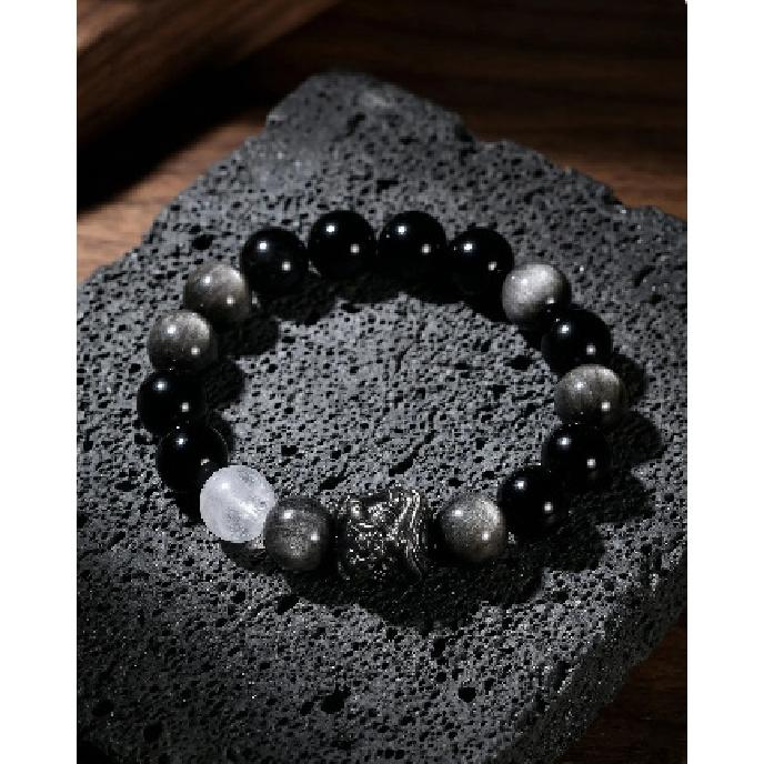 

2026Natural Strawberry Crystal Lion Awakening Bracelet for Couples, Silver Obsidian Lion Awakening Fortune Bracelet, Chinese Style Valentine s Day Lion Dance Silver Obsidia