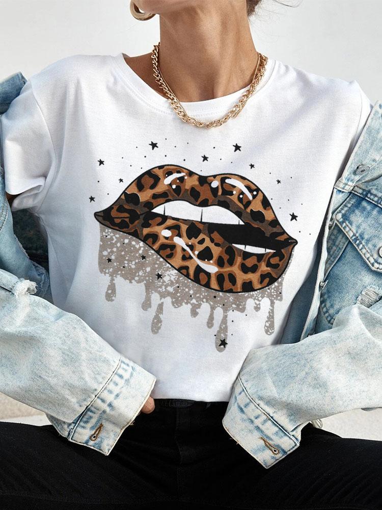 New Fashion Women T Shirt Leopard Lip Print T-Shirt T-Shirt Short Sleeve Tops Female Ladies Summer Tee Shirts Streetwear