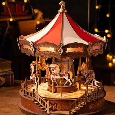 3D Wooden Puzzle Carousel Music Box With LED Lights Gear Model Building Construction Craft Kits Xmas Gifts for Adult