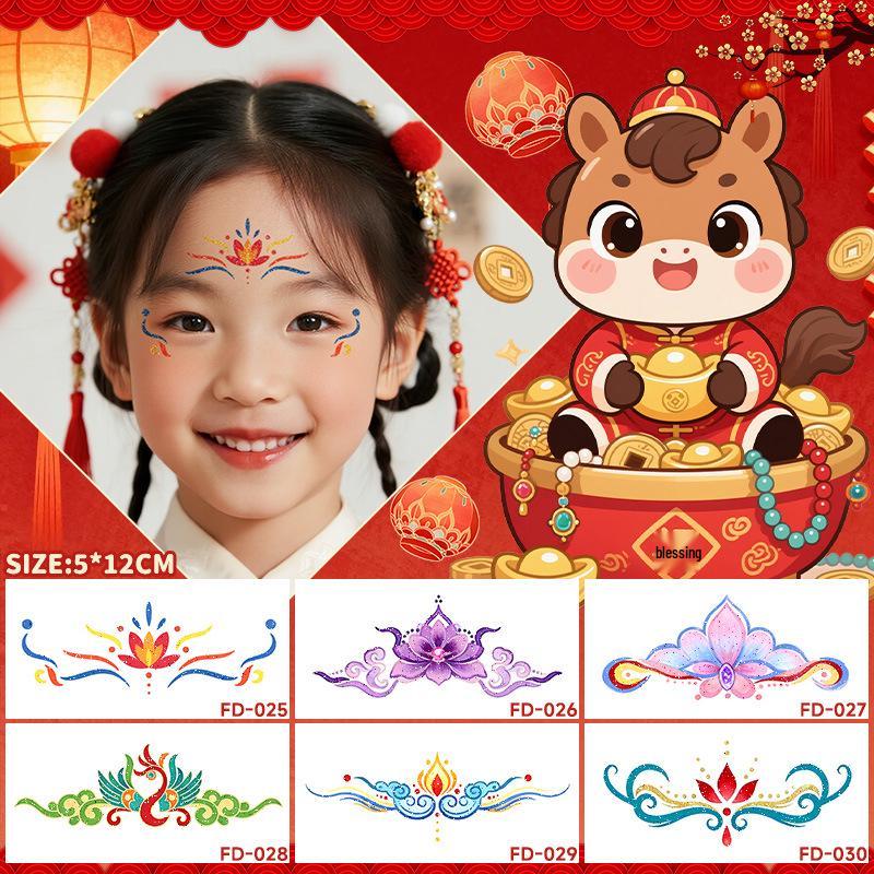 2026 Year of the Horse Non-toxic Glitter Tattoo Stickers for Kids: Colorful Face and Forehead Designs
