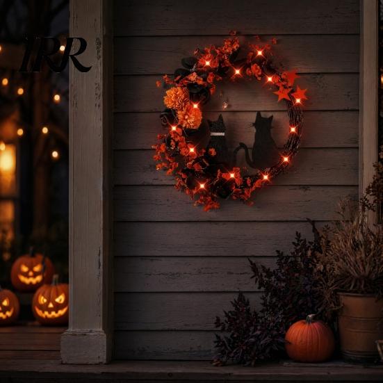 Black Cat Wreath with Lights Halloween Floral Garland, String Lights, Silhouette Garland Wreath, for Front Door Indoor Outdoor Wall Decor