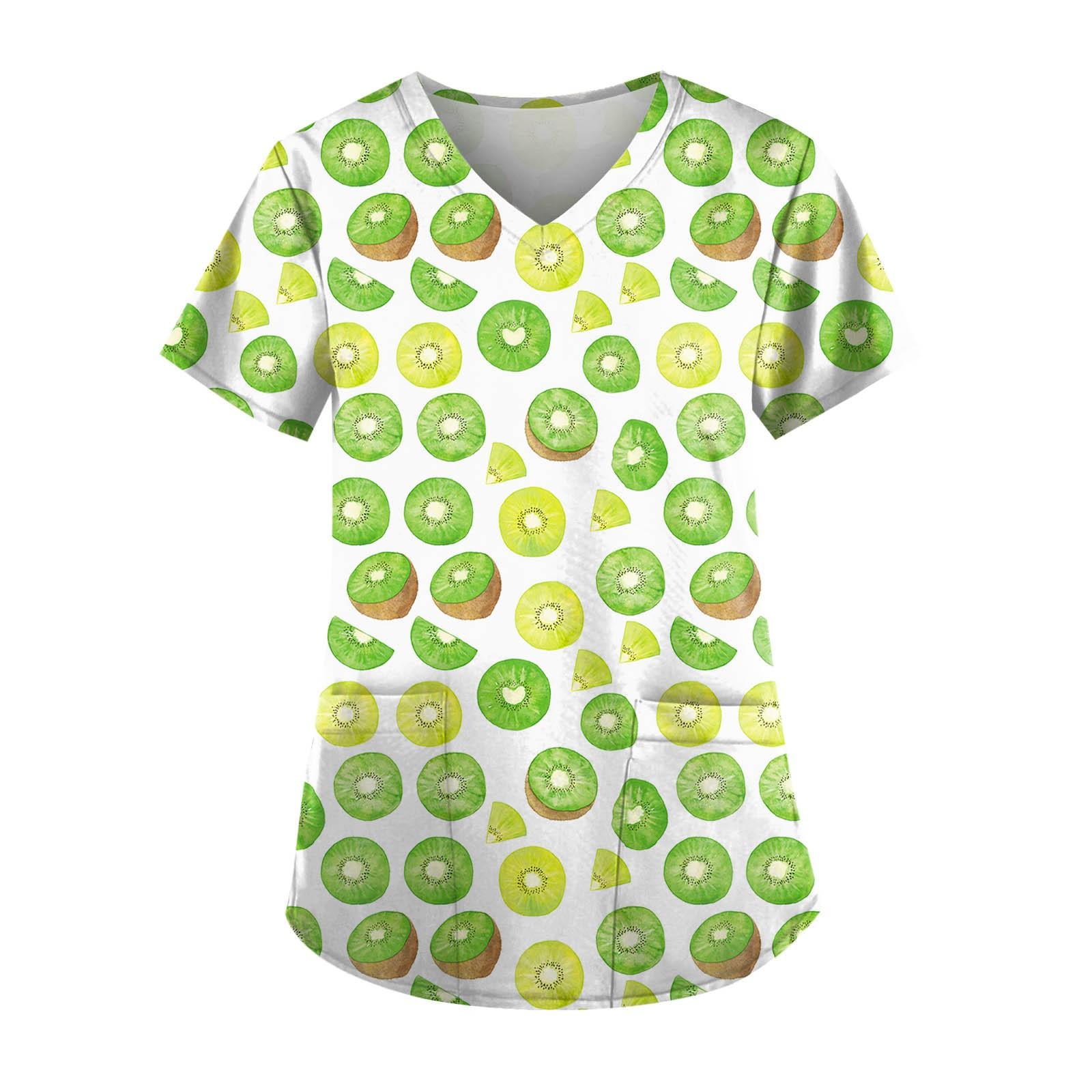 

Женский топ с карманами и карманами с короткими рукавами и v-образным вырезом с фруктовым принтом L