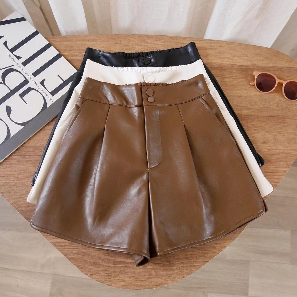 Damen Herbst Doppelte Knöpfe PU-Leder Shorts Locker Schlankmachend A-Linie Weites Bein Hoher Bund Außenbekleidung Lässige Hosen Mini Shorts