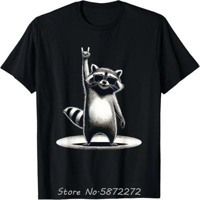 Retro Waschbär Rockmusik Geschenk Grafik Mode Waschbär T-Shirt Kundenspezifisch Bedruckt Lustig Übergroß Unisex O-Ausschnitt T-Shirt Herren Kleidung