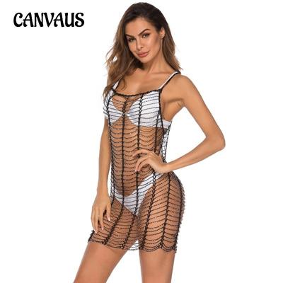 Dámské korálkové čisté, ručně zaháčkované sexy košilové šaty s vyhloubeným povrchem plážové zakrytí