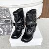 Fashion Trendy 2025 New Women's Side Pull Boots Vintage Mid Calf Leather Buckle Round Toe Wrinkled Comfortable Best Seller Ankle Boots