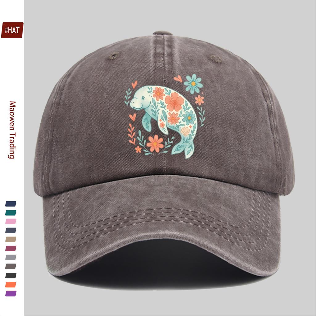 Pc Floral Manatee Fresh Cartoon Print Baseball Cap Travel Leisure Printed Sun Hat Party Decorative Hat Multiple Colors Avail