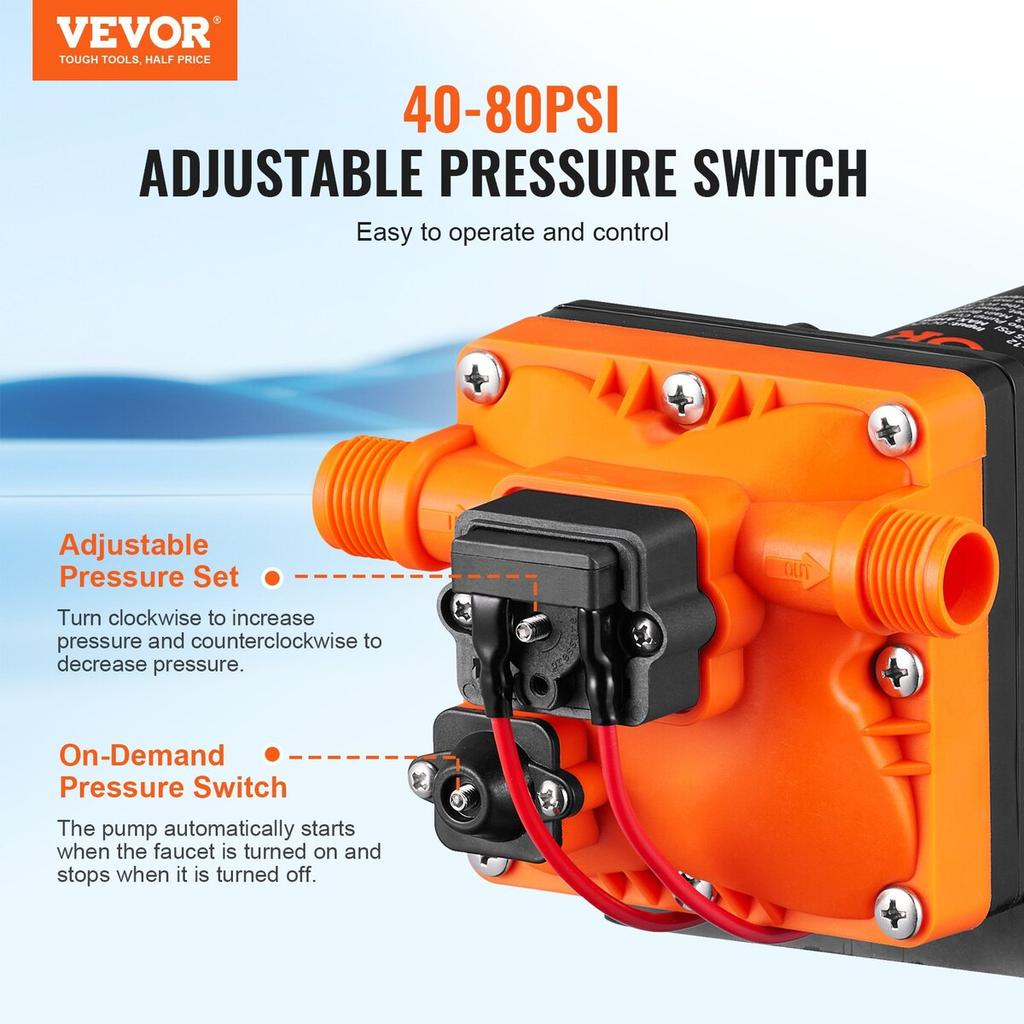Water Diaphragm Pump, 13.25 liters, 55 PSI Rated Pressure (40-80 PSI Adjustable), 12.7mm MNPT Self Priming Sprayer Pump with Pressure Switch for RV