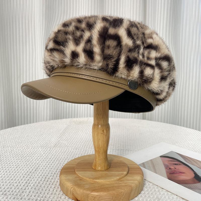 

Новая зимняя мода Мех Леопардовый принт Кожаная отделка Пэчворк Восьмиугольные шляпы для женщин и лица и Маленькие темпераментные Мохеровые кепки газетчика 56-60CM