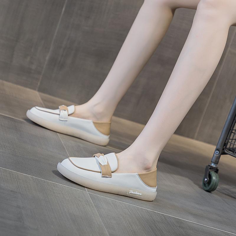 2025 new soft-soled single shoes two wear leather little white shoes women's one pedal loafers flat Doudou shoes 43 large size