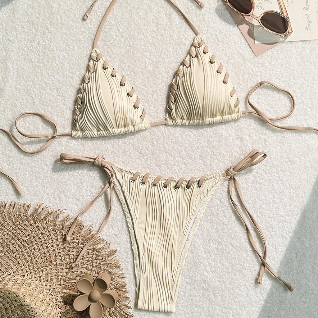 Sexy Triangle Bikini Set New Solid Color Textured Ribbed Halter Lace Up Tie Side Summer Beach Vacation Ins Fashion Swimwear