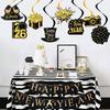 Happy New Years Decorations 2026, New Year Eve Party Supplies Banner with 8 Pcs Hanging Swirls for NYE Eve Party Supplies Black Gold