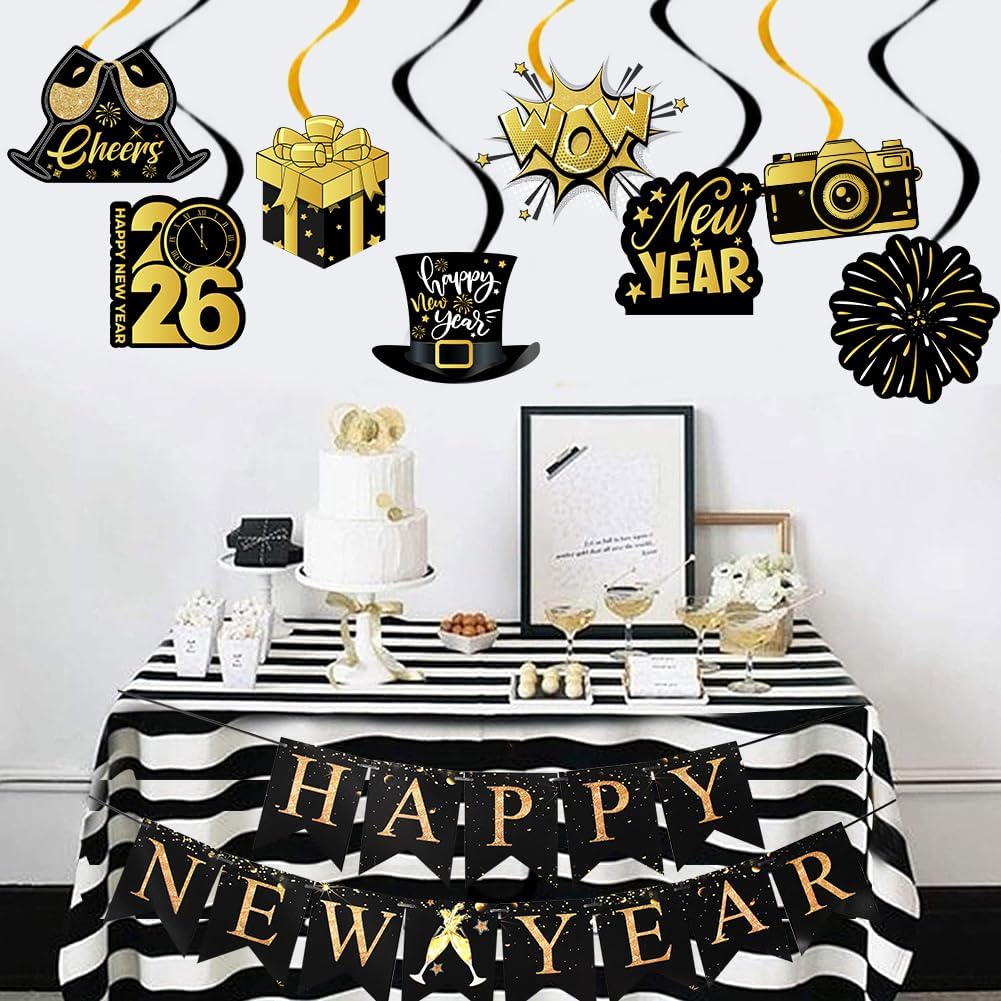 Happy New Years Decorations 2026, New Year Eve Party Supplies Banner with 8 Pcs Hanging Swirls for NYE Eve Party Supplies Black Gold