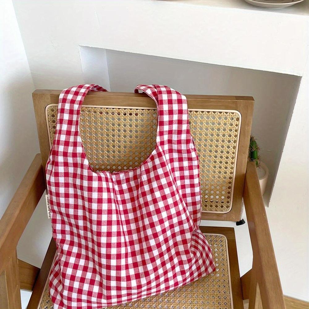 Women's Large Capacity Lightweight Foldable Tote Bag with Plaid Pattern -Suitable for Commuting, Travel, Camping Handbag