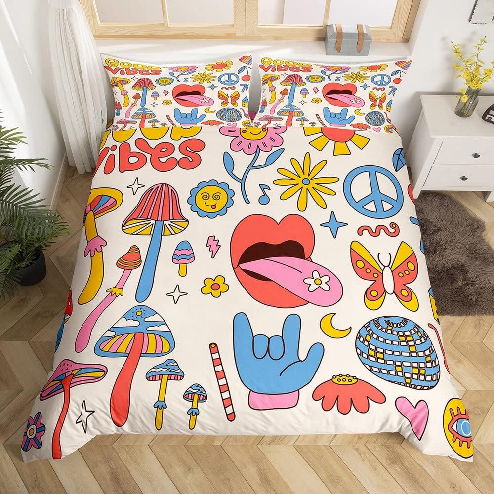 Exotic Mushroom Eyes Rainbow Duvet Cover Queen King Size Bohemian Style Bedding Set For Men Women Halloween Floral 3 Pcs