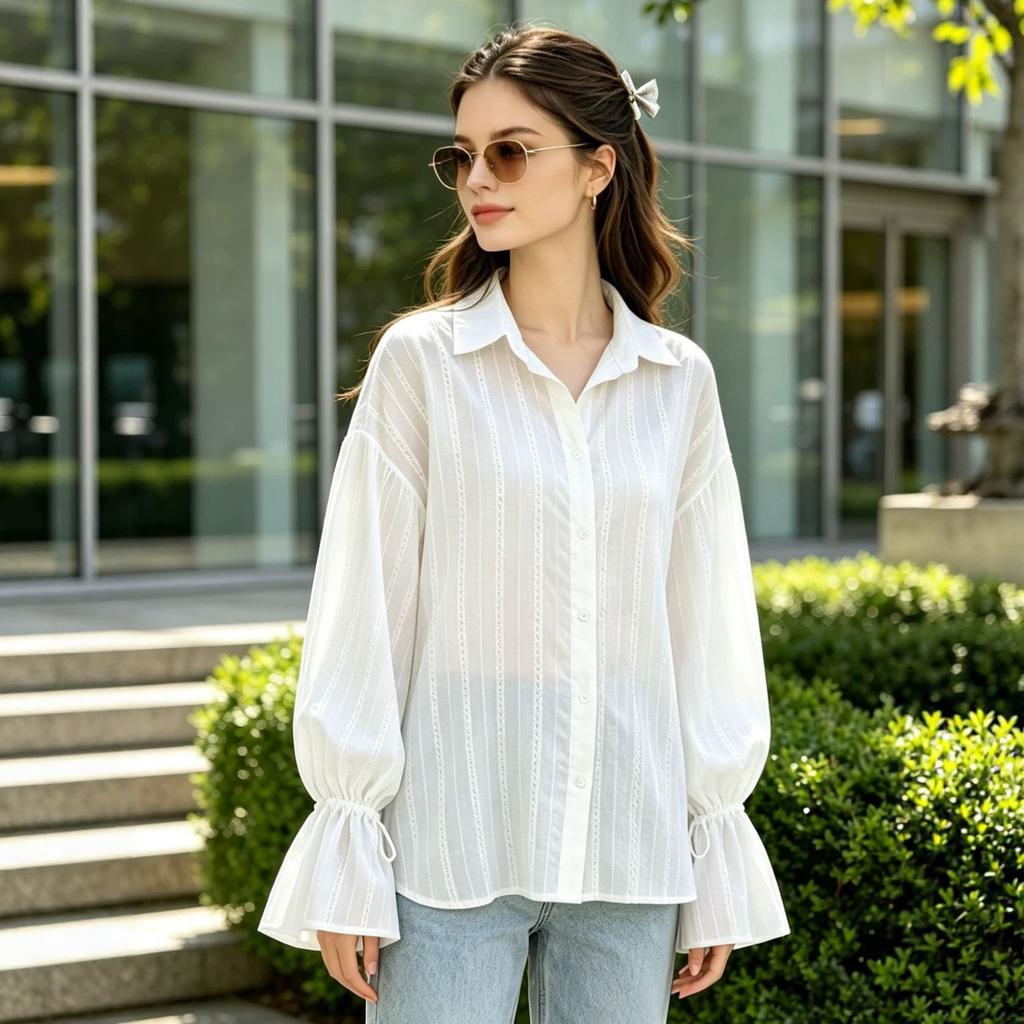 European and American ins casual loose jacquard shirt women's autumn texture pure cotton lapel horn sleeve women's shirt