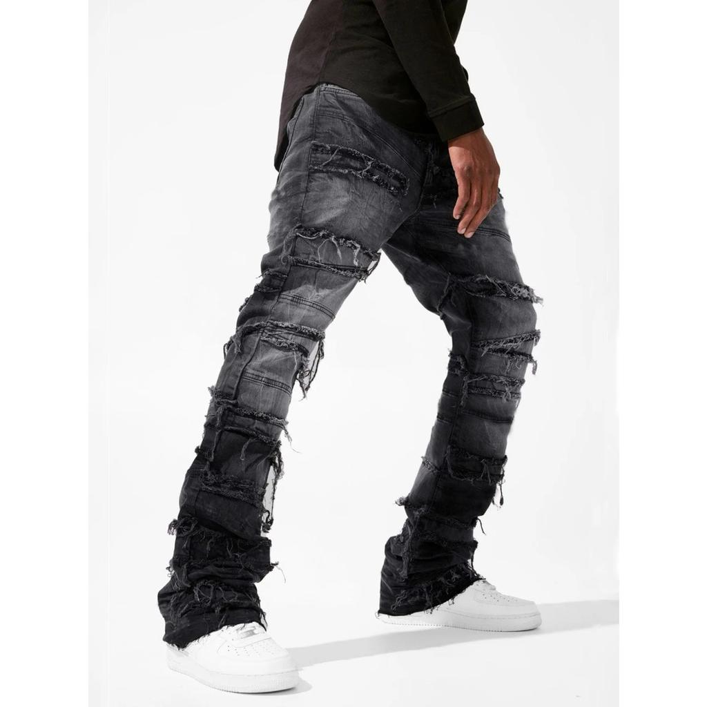 DRIPX New Stacked Jeans Men Patchworks Spliced Denim Ripped Wash Frayed Pants Male's Streetwear Men‘s Tassel Motorcycle Jeans