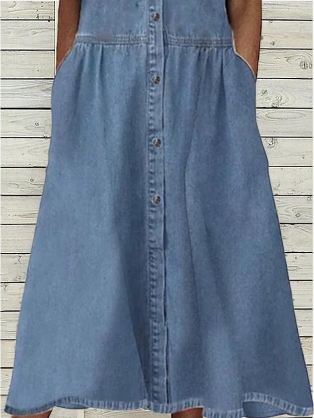Spring Hot Style Shirt Collar Casual Denim Short Sleeve Dress