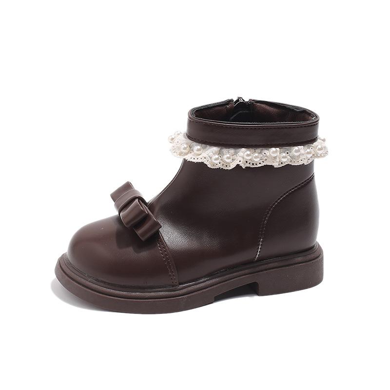 Britischer Stil Mädchen Fleecegefüttert Schleife Perlen Spitze Martin Knöchelboots