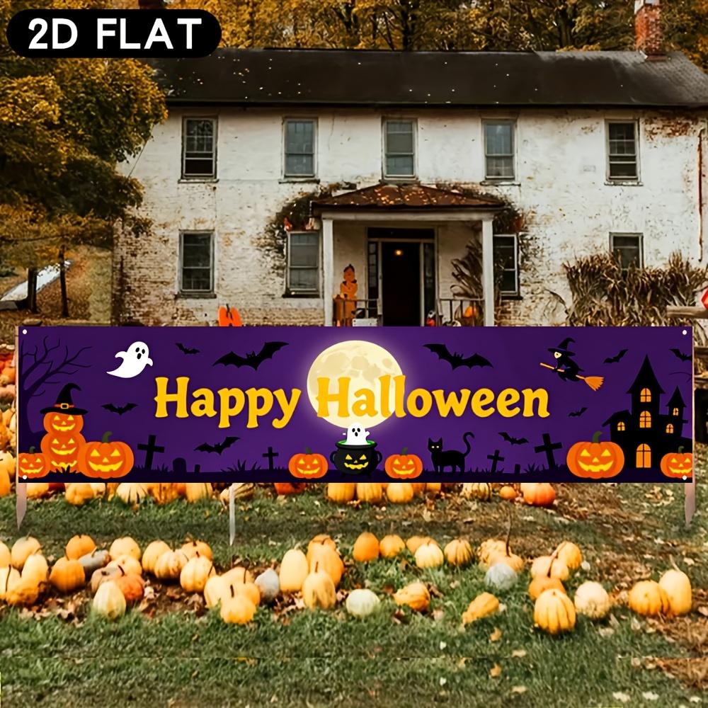Happy Halloween Square Banner, Pumpkin Bat & Witch Design, Polyester Outdoor Fence House Wall Tailgate Decoration