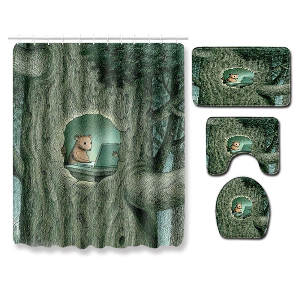 Healing Tree Hole Bathroom Shower Curtain Floor Mat Toilet Cover Foot Mat Four-Piece Pattern Size