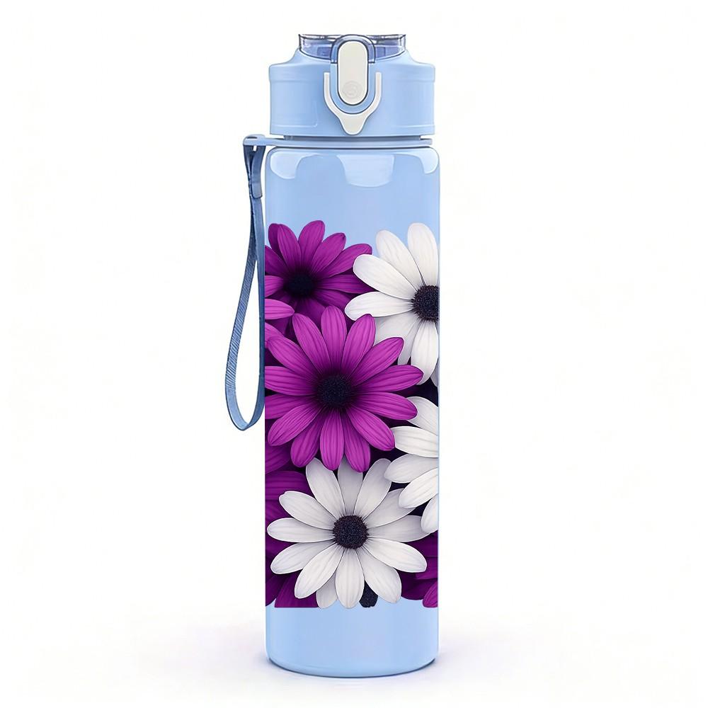 1PC Purple White Daisy Flower Bouquet 750ml Color Plastic Sports Water Bottle Leakproof Flip Straw Lid Suitable for Sports Office Home Use