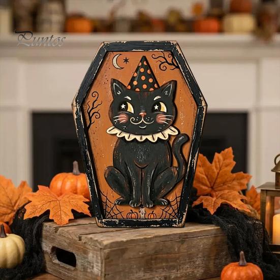 Fall Farmhouse Tabletop Centerpiece Vintage Halloween Wooden Decor, Cat Mummy Skeleton Figurines, Decorative Signs for Fireplace Shelf Mantel