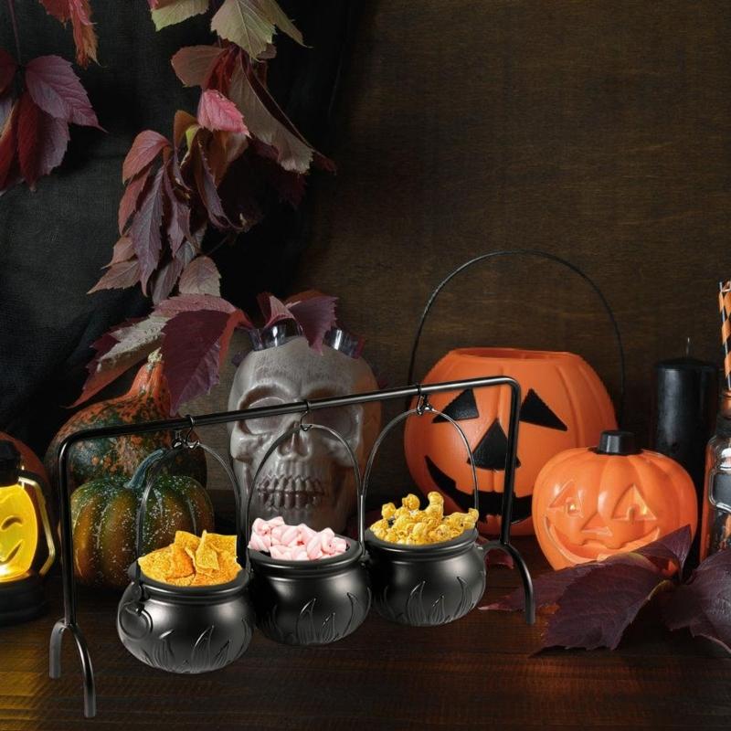 3 Pcs Witches Cauldron Serving Bowls On Rack Halloween Party Decorations Hanging Black Cauldron Bowls for Kitchen