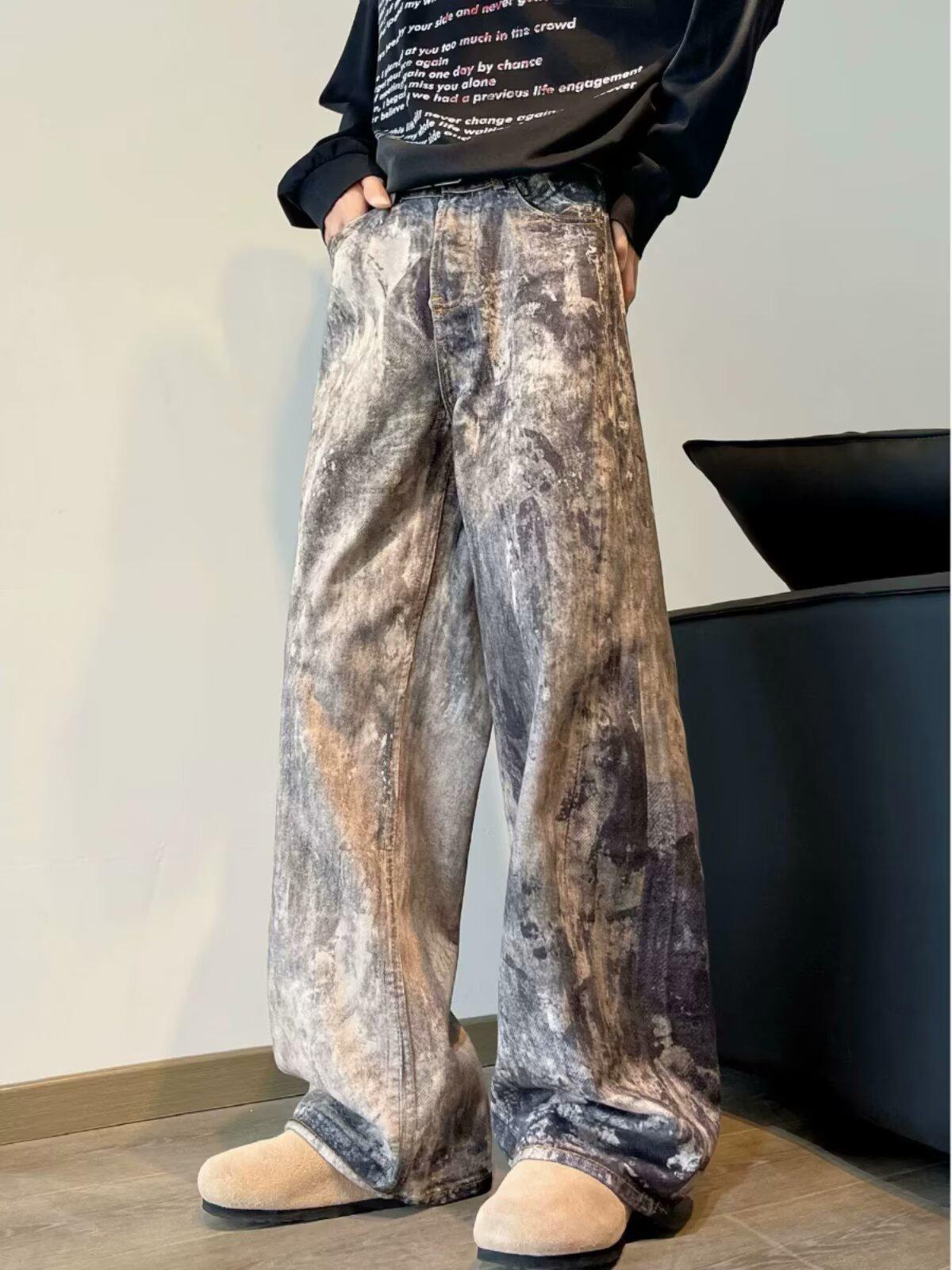 

Унисекс 3D камуфляжные брюки с чернильными пятнами, широкие, с заниженной талией, с потертостями из денима 3XL