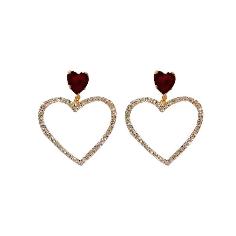 2025 Korean Fashion Jewelry Shining Rhinestone Hollow Heart Drop Earrings for Women Girls Vintage Red Crystal Earrings