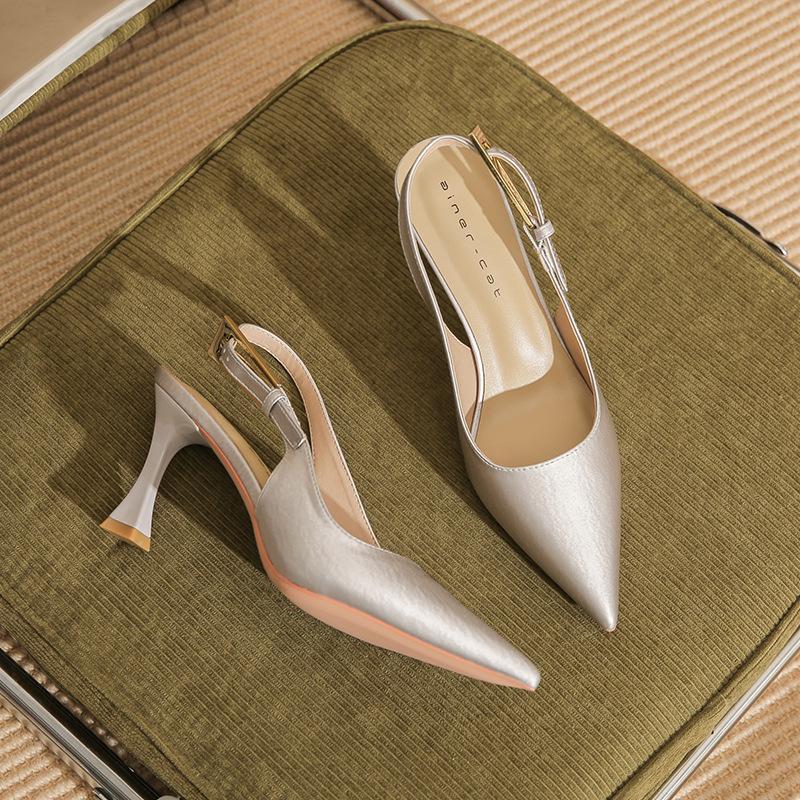 

73212 [sheepskin] high heels women s 2025 new bag head empty sandals pointed French stiletto shoes 39