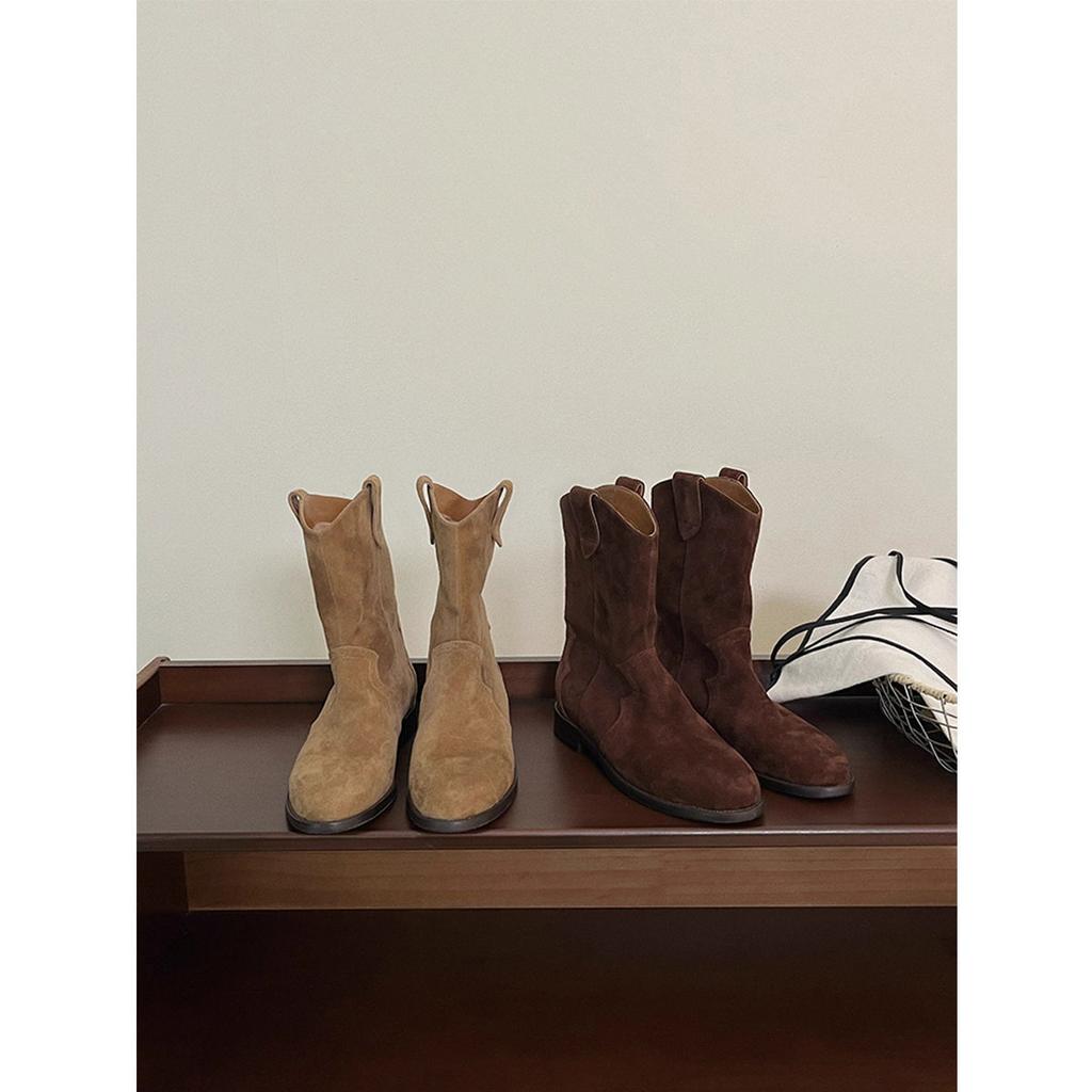 Mattierte Western-Cowboystiefel mittelhohe Stiefel Herbst und Winter neu Französische Maillard Retro Braun niedriger Absatz kurze Stiefel Damen