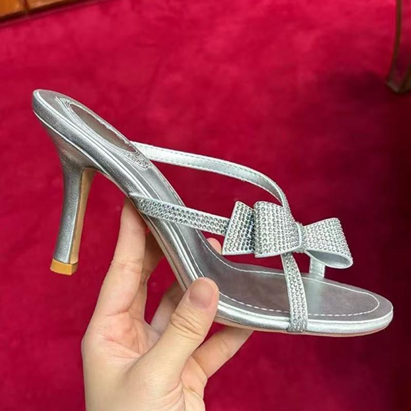 Fashion Luxury Rhinestones Bowknot Narrow Band Women Slippers Sandals Fashion Crysatl Stiletto High Heels Mules Slides Summer Shoes