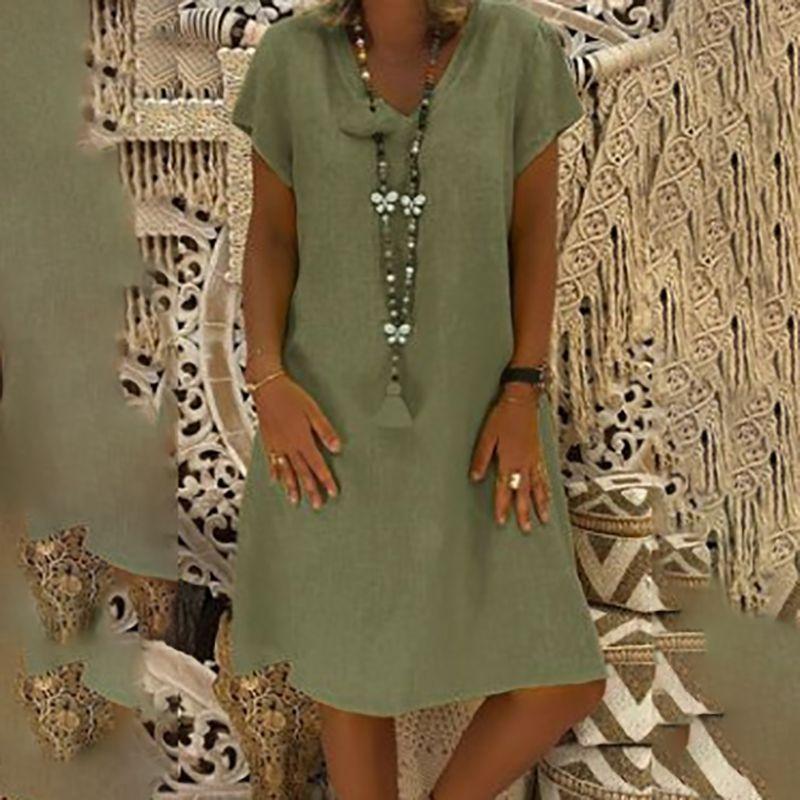 Stylish Summer Women's Short Sleeves V-neck Tunic Midi Dress For Plus Size Fashion