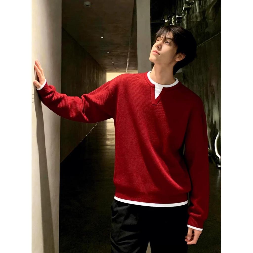 Men's Spring/Autumn 2025 Round Neck Double-Layer Knit Sweater Top