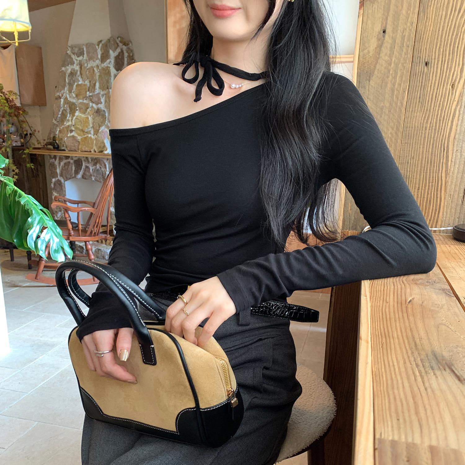 Tencel Wool One-Shoulder Halter Top: Women s Slim Fit Long Sleeve for Autumn/Winter, Korean Style S чёрный