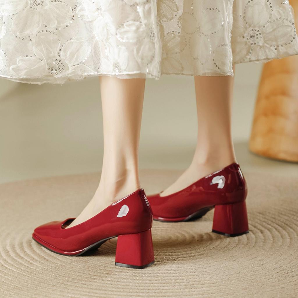 Patent Leather Thick High-heeled, New Women's Hundred with A Word with High-heeled Women's Single Shoes, Women's High-heeled Shoes, Elegant