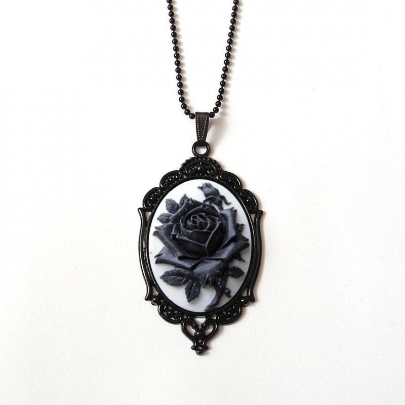 Victorian Black and Red Rose Cameo Necklace