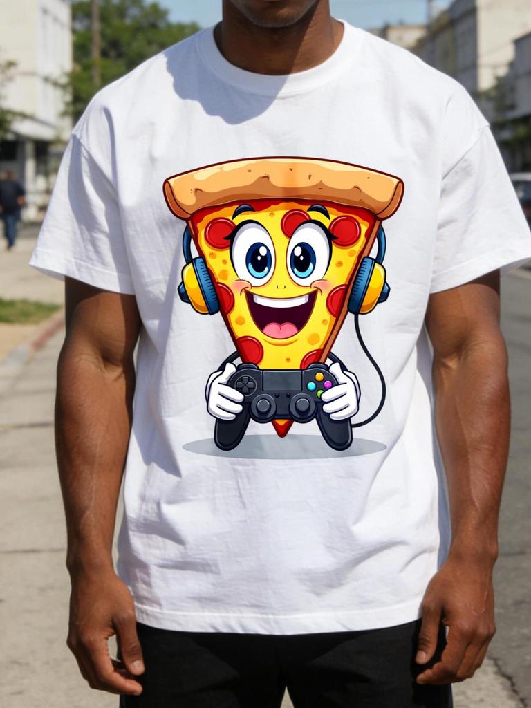 Pizza Gamer Character Mens Crewneck T Shirt Loose Fit 1 Percent Cotton Fashion Versatile Soft And Comfortable Fabric Suitable for Daily Wear And Holid