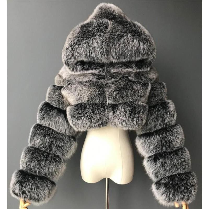 Womens Short Faux Fur Coat Hooded Zip Slim Fit Warm Fox Jacket Winter
