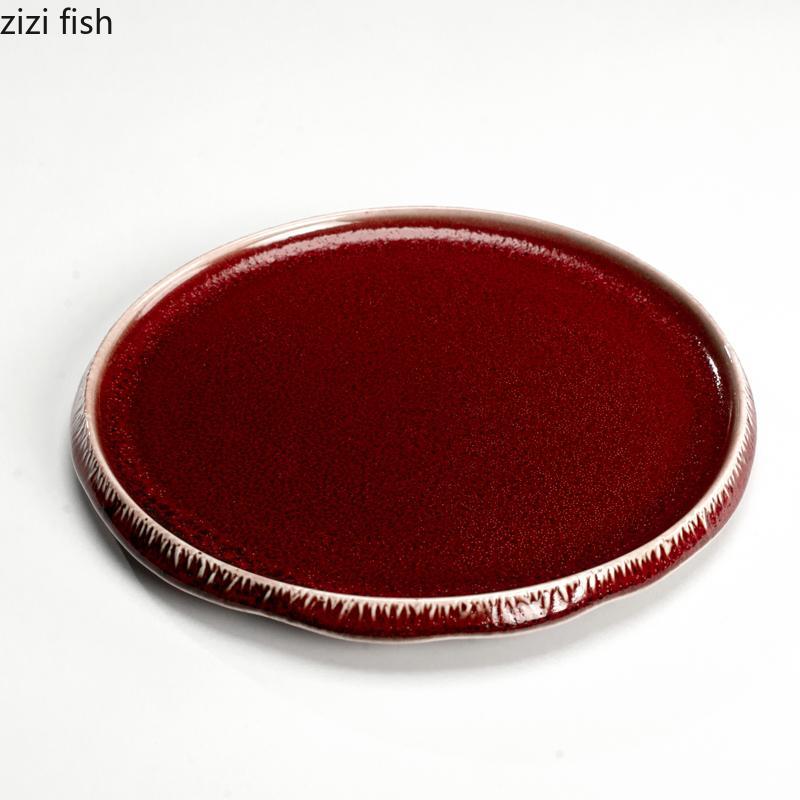 Red Ceramic Flat Plate Dining Plate Sushi Plates Pasta Dish Western Style Steak Plates Dessert Bowl Sting Disc Dim Sum Dish Tray