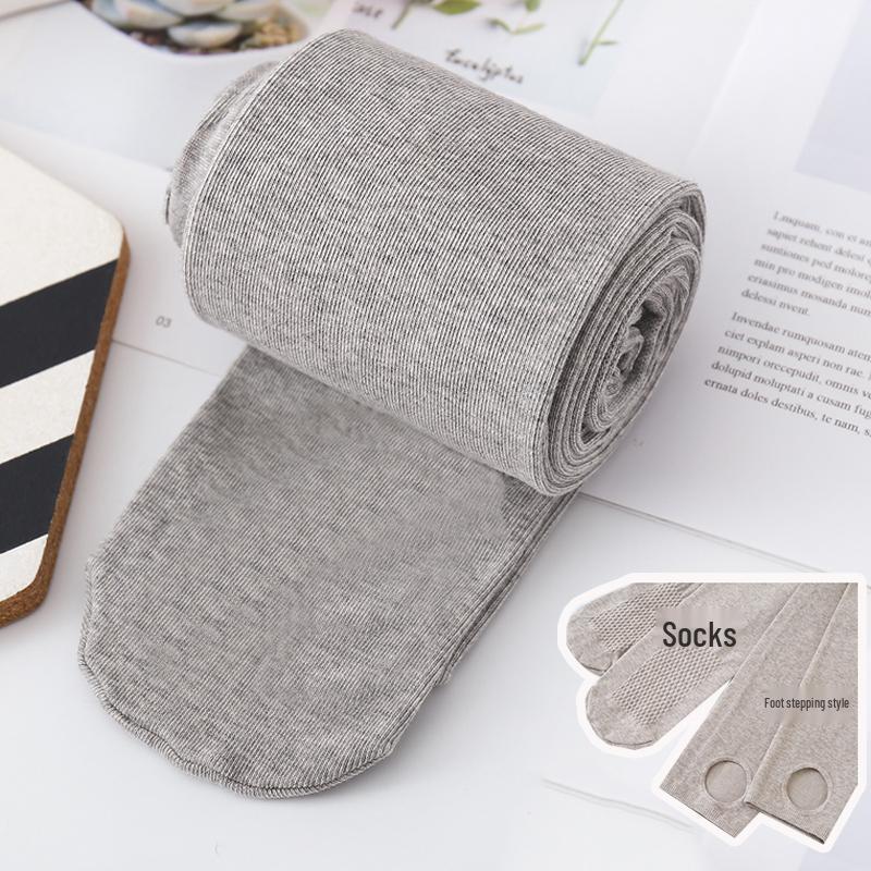 Grey Vertical Stripe High-Waisted Leggings for Women with Thin Fleece, Footed Tights, and Thickened Design for Autumn and Winter.