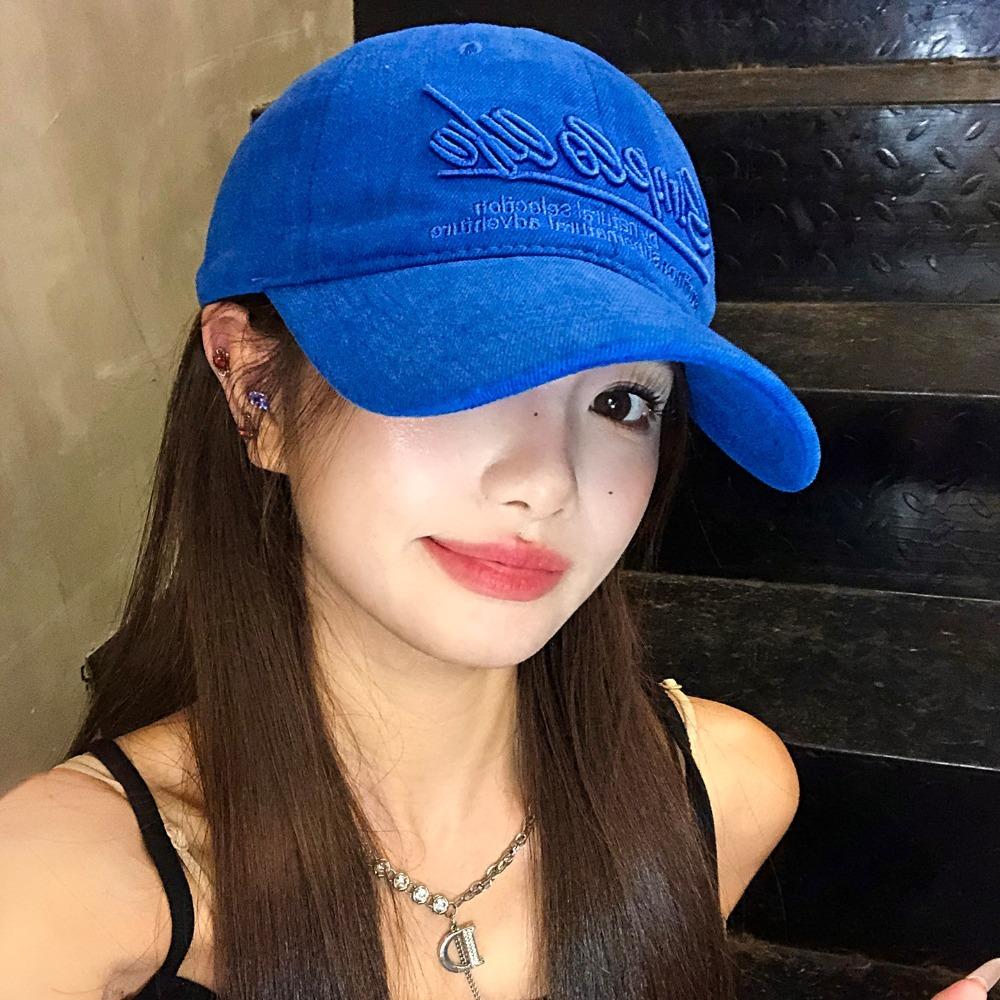 Vintage Letter Embroidered Blue Baseball Cap Wide Brim Large Head Size Face Slimming Korean Style Sun Visor Peaked Hat For Women