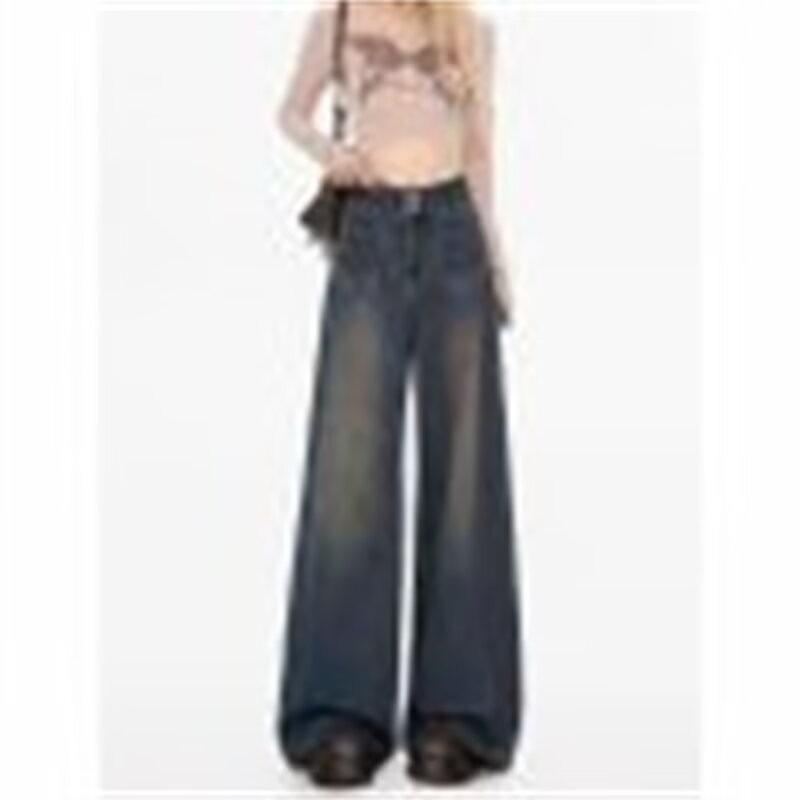 Women's High-Waisted Wide-Leg Double-Breasted Jeans - Retro Versatile Drape Mopping Pants for Spring & Autumn 2025