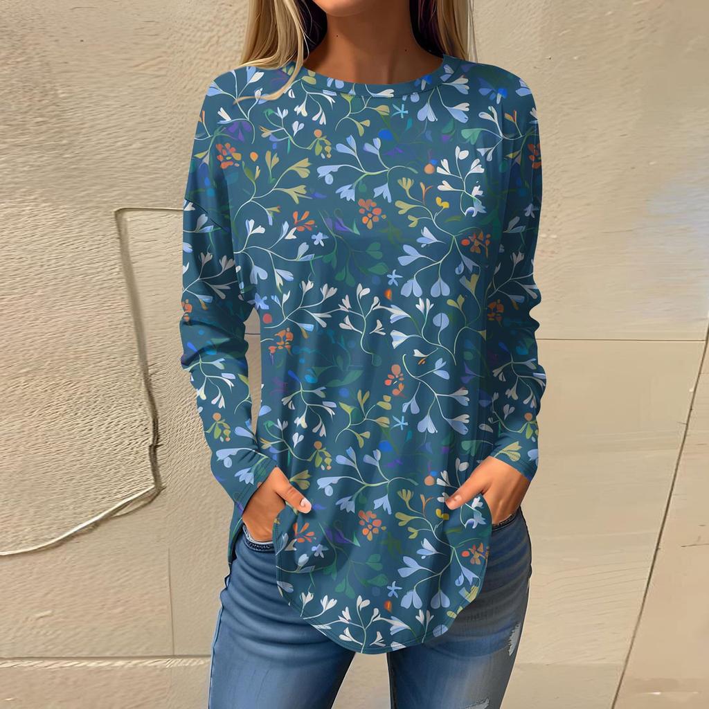Women's Fashion Casual Round Neck Floral Long Sleeve T-shirt Pullover Long Sleeve Top