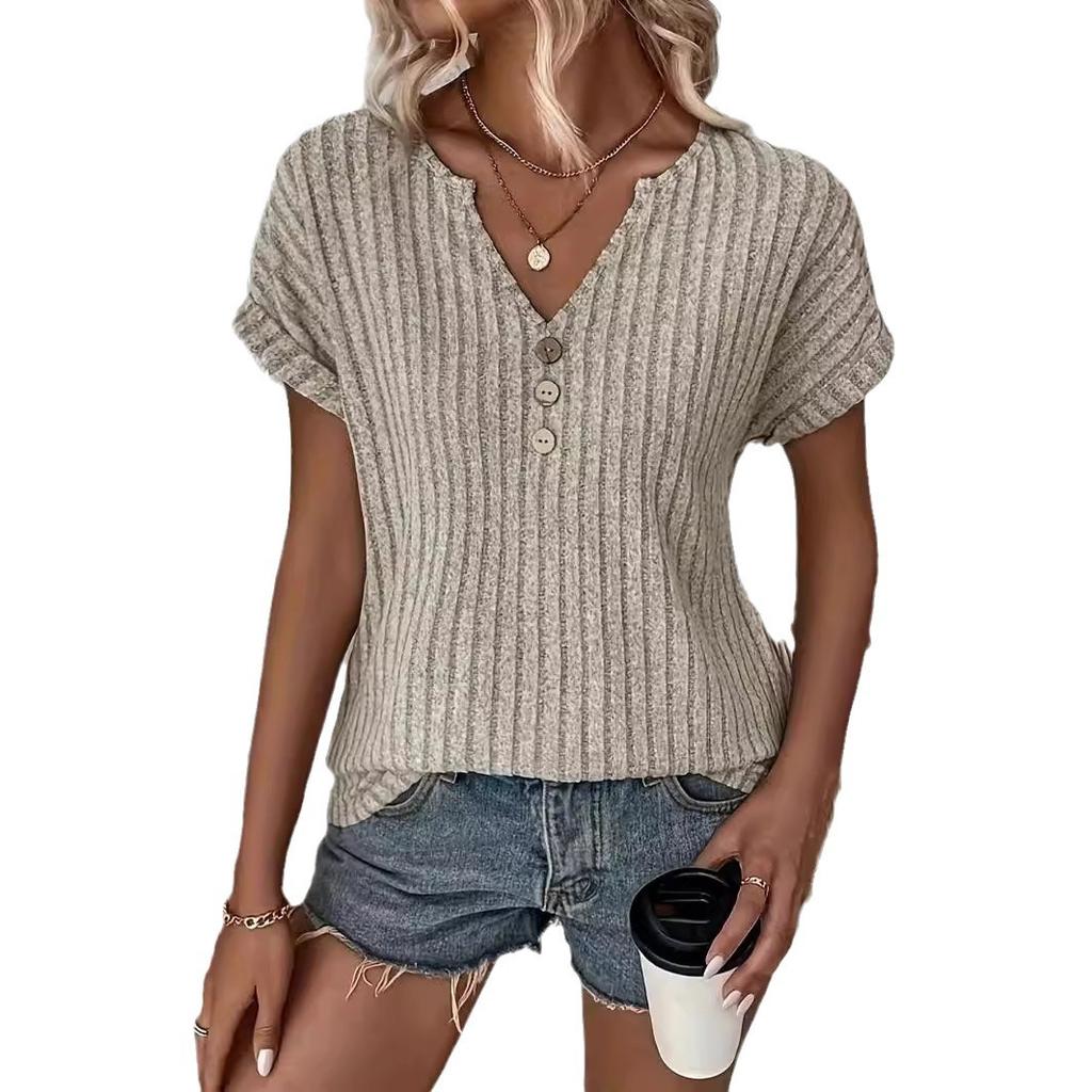 Letní dámské elegantní pruhované prodyšné volné pruhované ležérní tričko s výstřihem do V a krátkým rukávem
