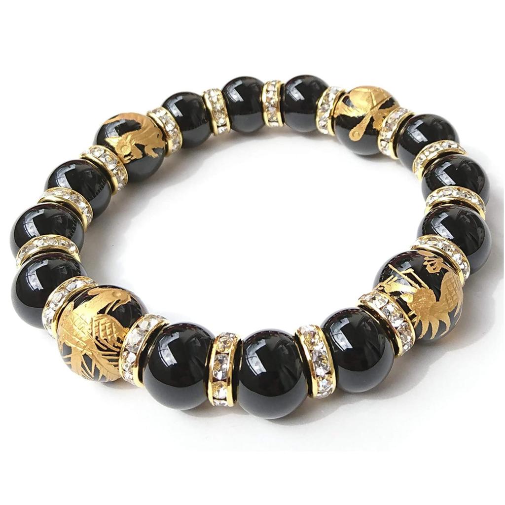 Natural Stone Power Stone Bracelet for Men Four Divine Beasts Four Divine Beasts Gold Engraved Onyx Good Luck Comes with Drawstring Bag with Brand