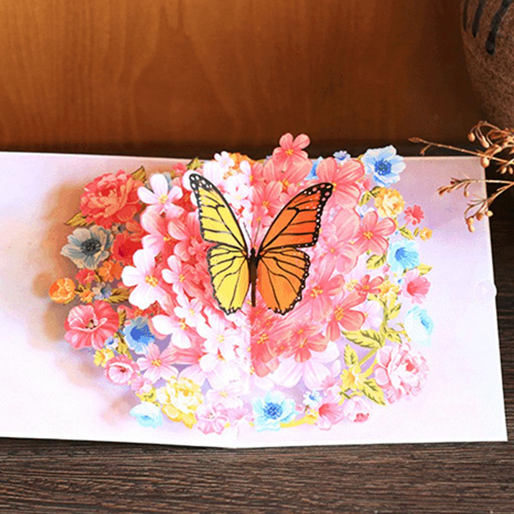 3D Pop Up Flower and Butterfly Greeting Cards Pink Style Paper Card with Envelope & Small Card for Parties Gathering