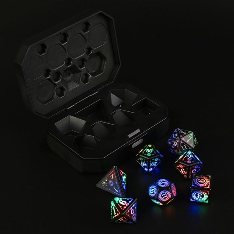 7Pcs Glowing Polyhedral Dices with Charging Box Rechargeable LED Colorful Light Electronic Dices for Role Playing Game